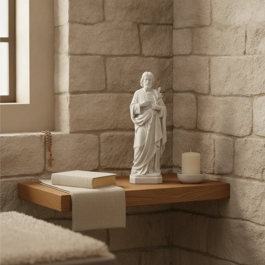 Statuette artisanale évoquant saint Joseph, placée avec soin sur une table en bois clair