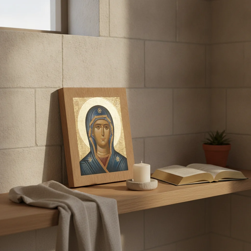 Autel domestique dressé pour la neuvaine, crucifix posé près d'un carnet de prière