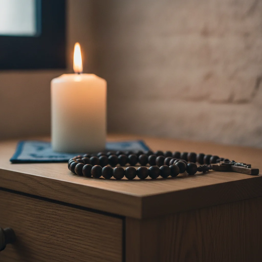 Lumière douce enveloppant une table de nuit en bois ornée d'une croix sobre et d'un livre entrouvert